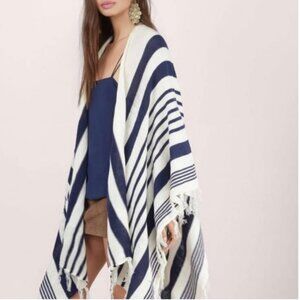 TOBI Cream and Navy Striped Pancho/Wrap with Fringe Trim Women's One Size